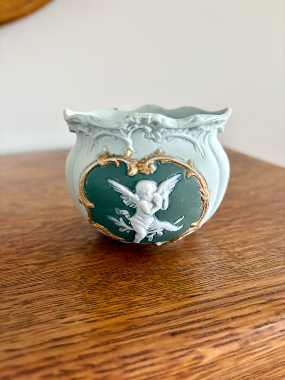 Ornate Antique Cherub Porcelain Sugar Pot in Pale Mint and Forest Green